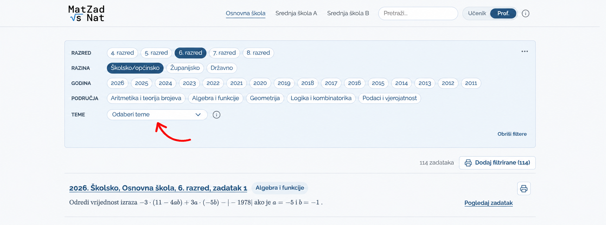 Filteri za 6. razred i školsko natjecanje. Strelica pokazuje gumb Odaberi teme.