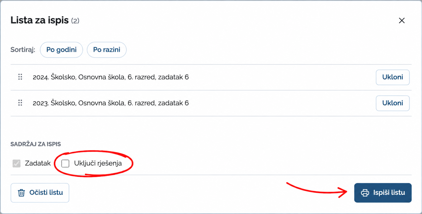 Lista zadataka s označenim izborom Uključi rješenja i gumbom Ispiši listu.