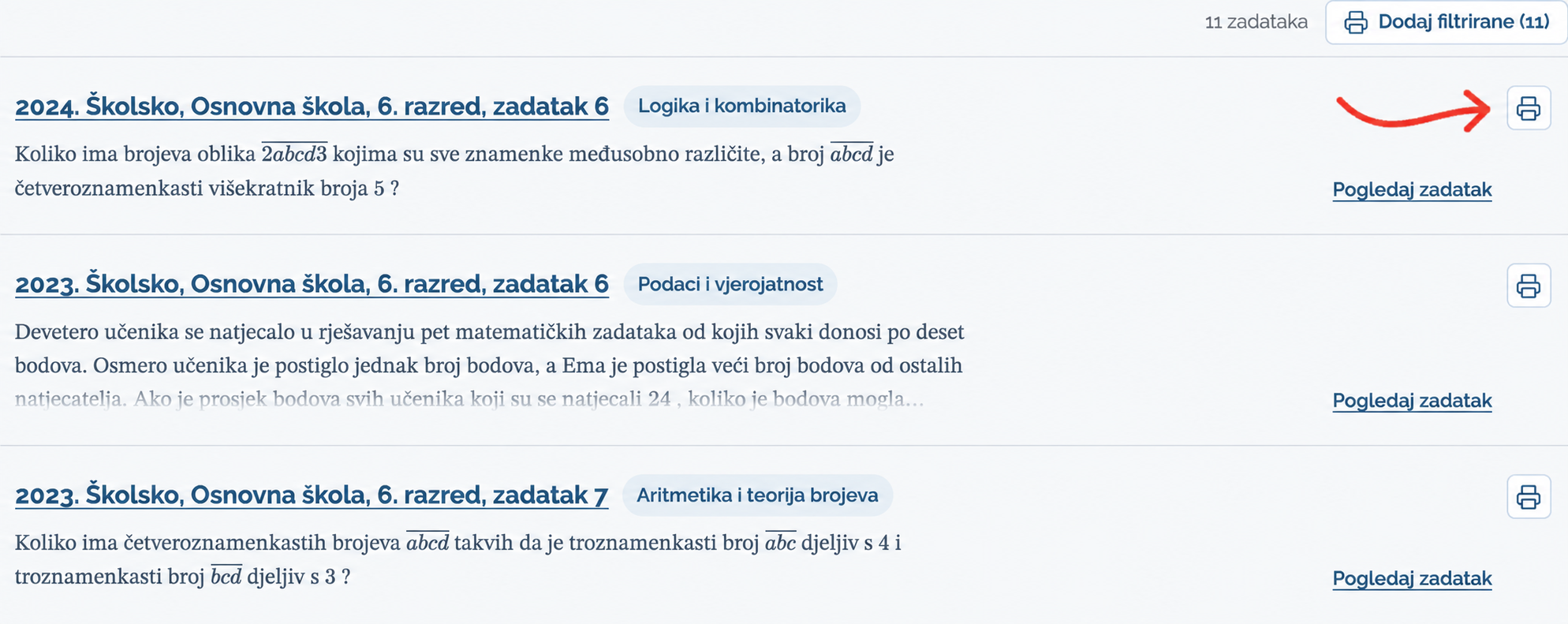 Kartica zadatka sa strelicom prema ikoni pisača za dodavanje na listu.
