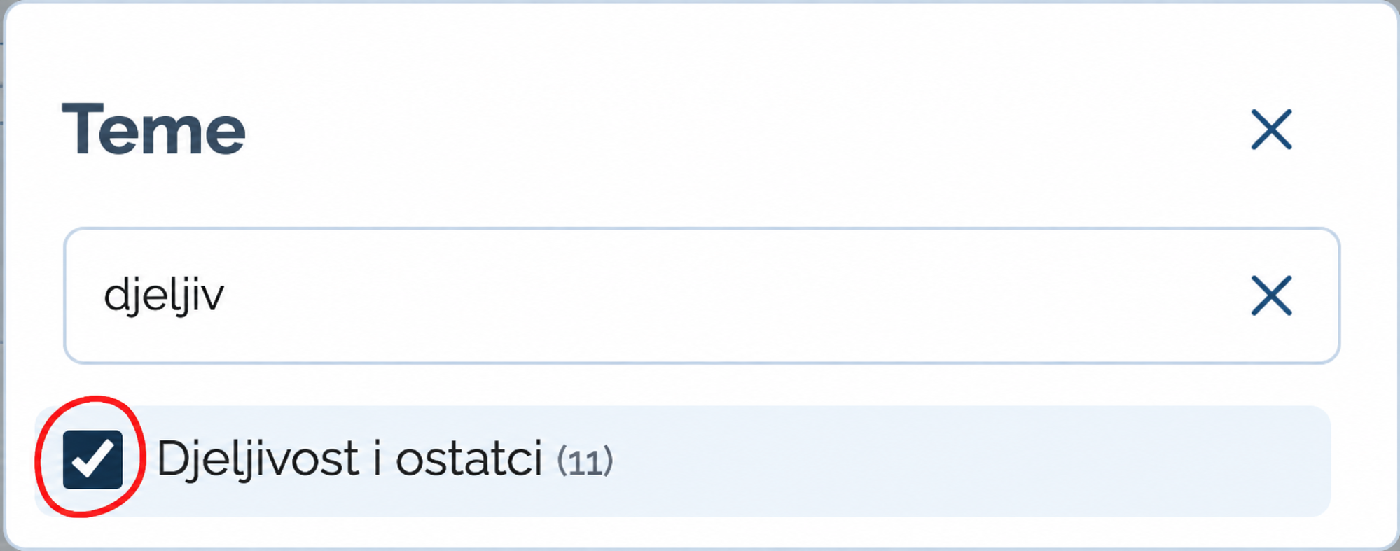Pretraga tema po riječi djeljiv. Odabrana je tema Djeljivost i ostatci.