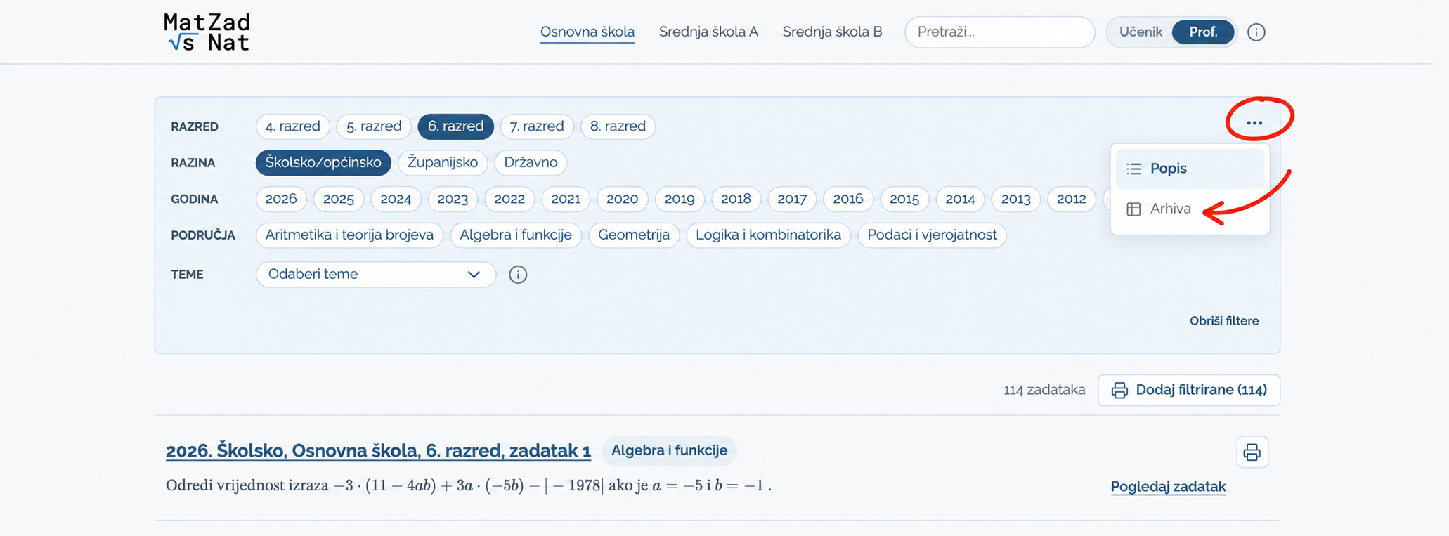 Arhiva se otvara iz izbornika s tri točke.