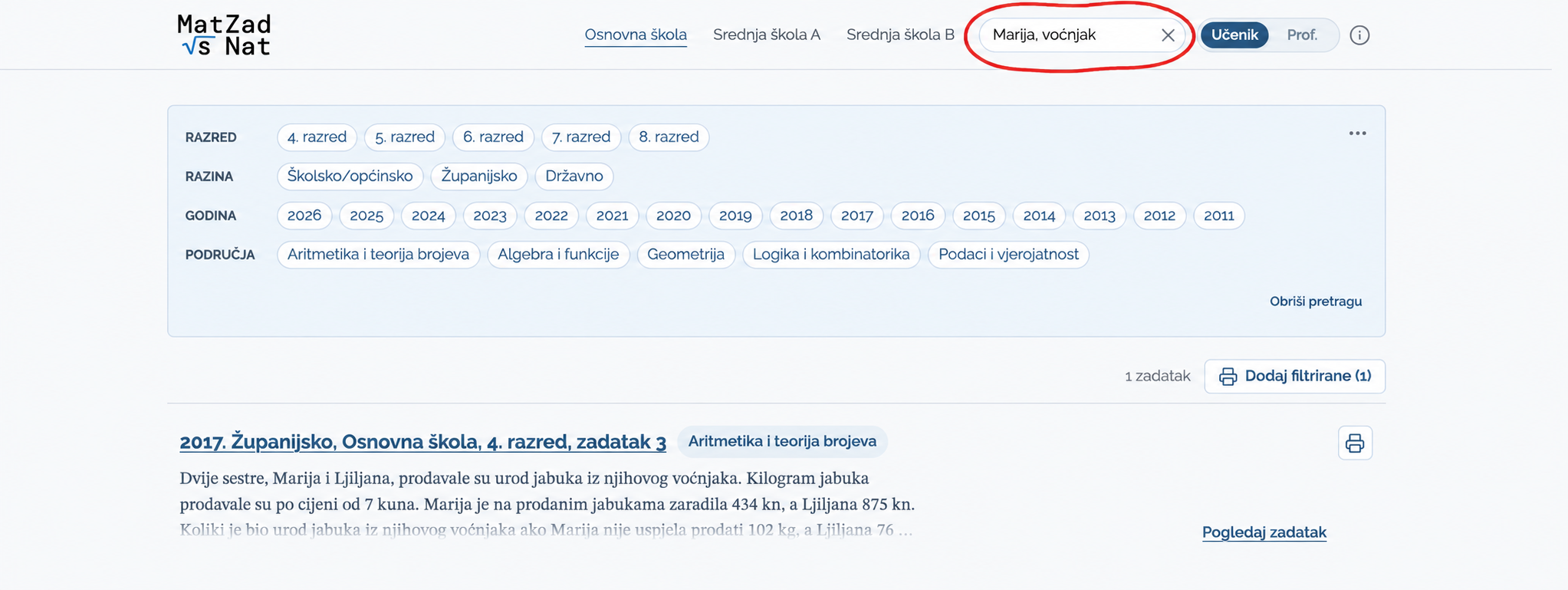 Upis Marija, voćnjak pronalazi zadatak o sestrama koje prodaju jabuke.