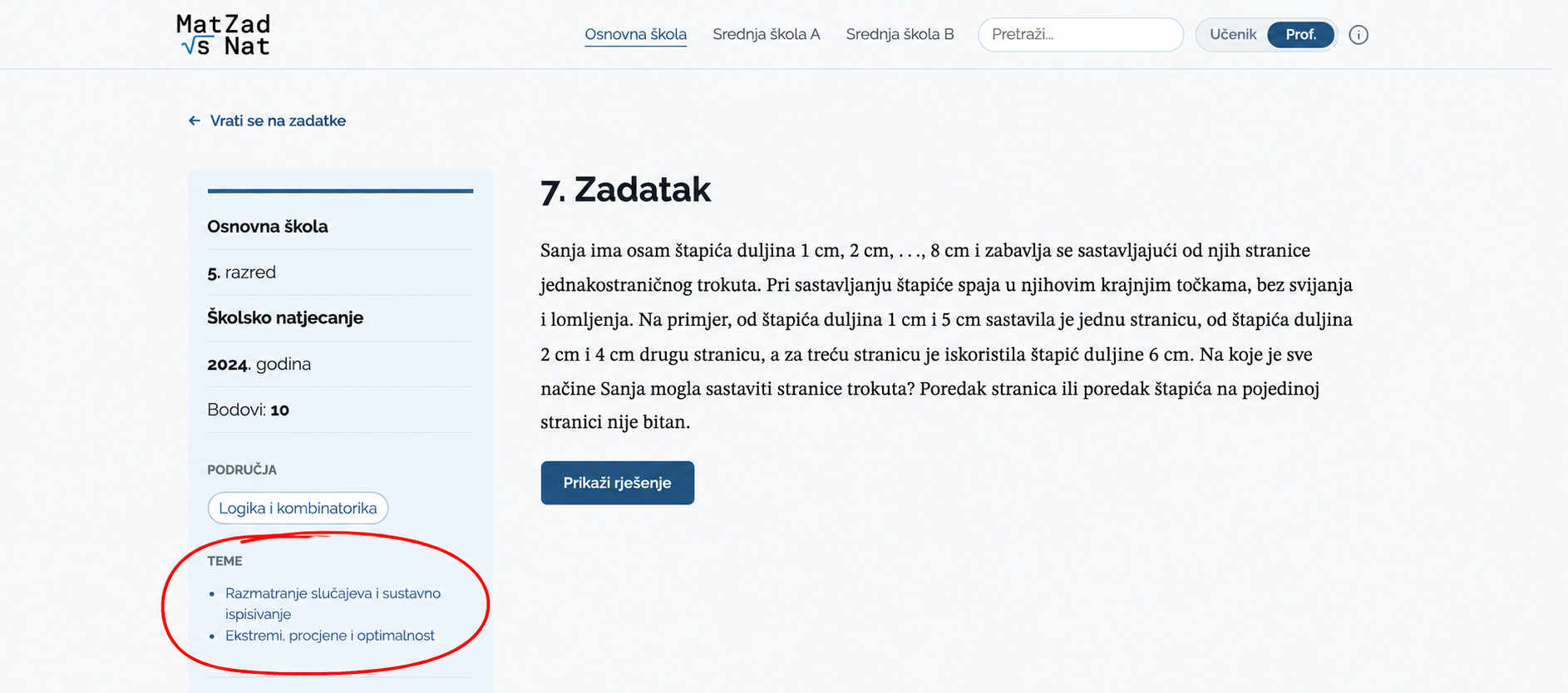 Primjer tema koje su vidljive profesoru, a skrivene u učeničkom prikazu.