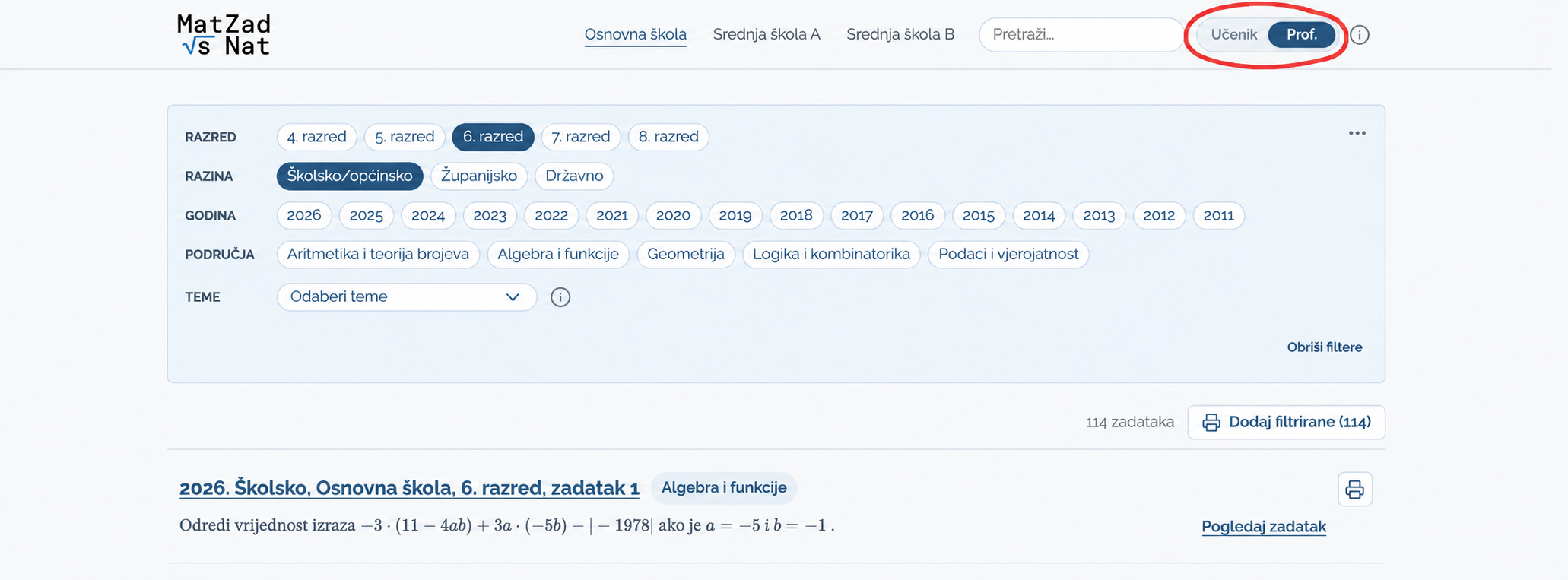 Odabir između prikaza Učenik i Prof. na vrhu stranice.
