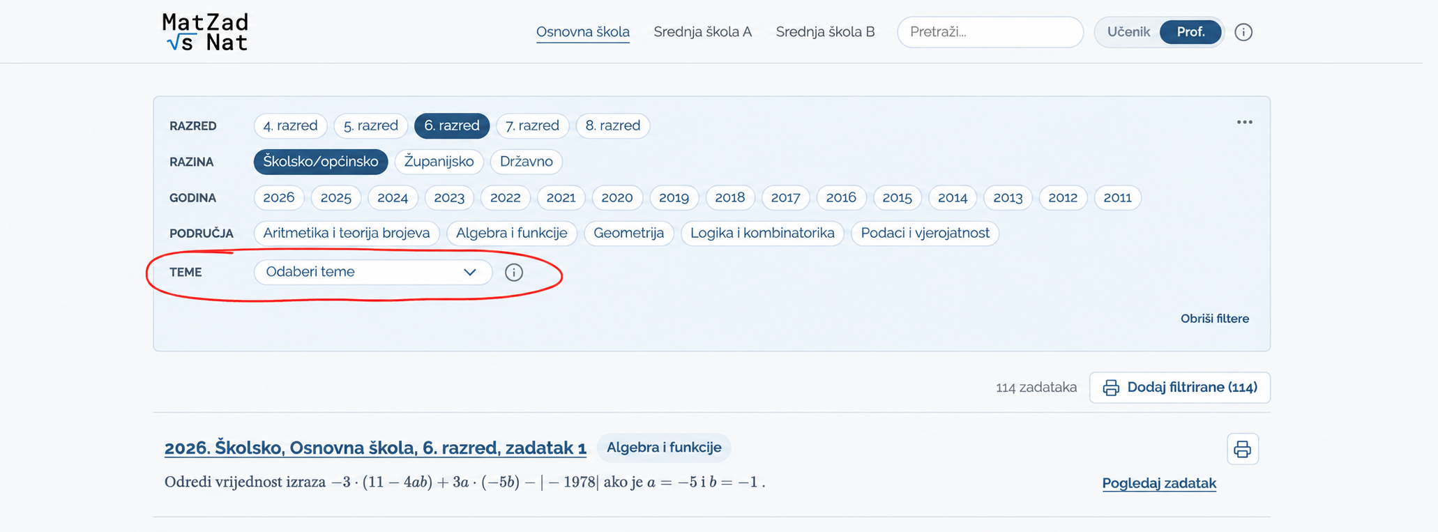 U profesorskom prikazu nastavnik može odabrati teme za vježbu.