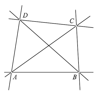 Četiri točke A, B, C i D s pravcima koji ih spajaju.