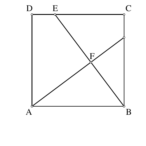 Kvadrat ABCD s točkama E i F te okomitim dužinama AF i BE.