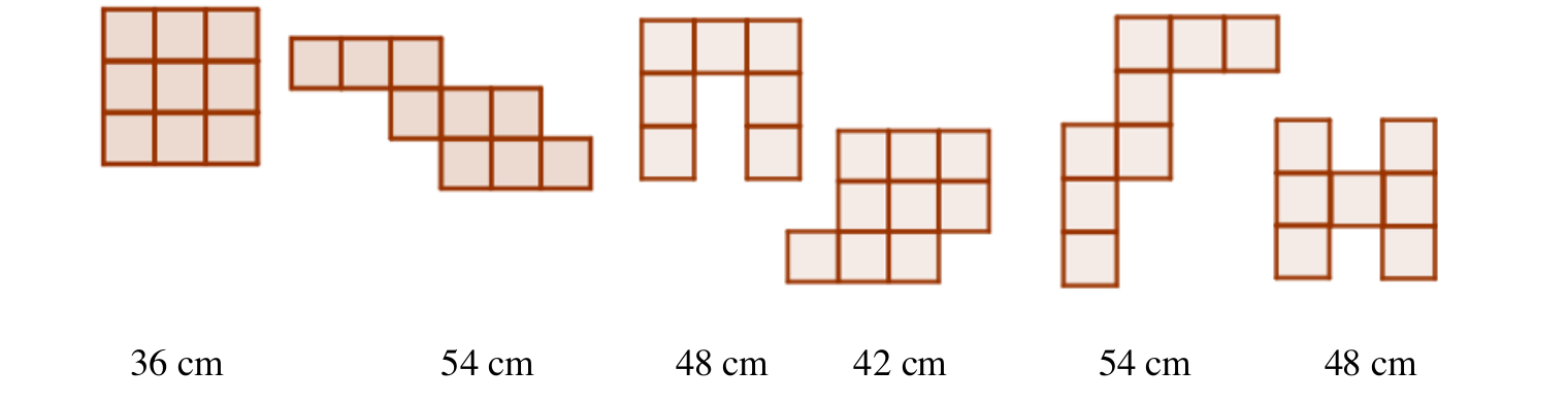 Šest likova s redom navedenim opsezima 36 cm, 54 cm, 48 cm, 42 cm, 54 cm i 48 cm