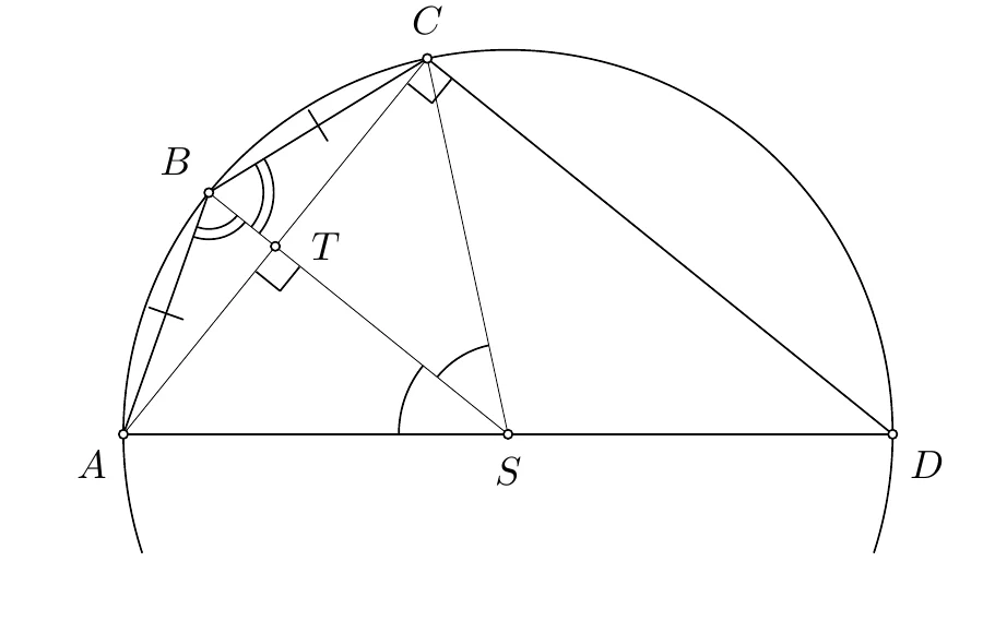 Geometrijski crtež zadatka s kružnicom i točkama A, B, C, D, S i T