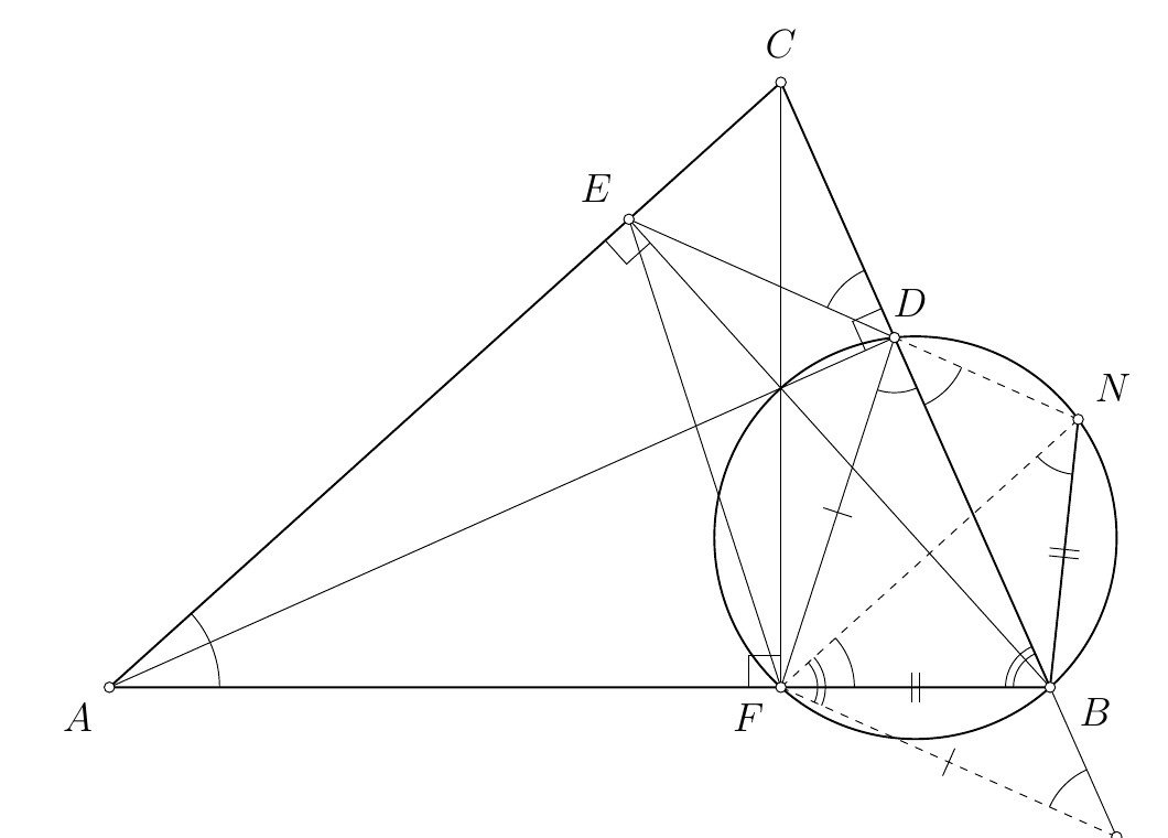 Geometrijski prikaz s točkama A, B, C, D, E, F, M i N