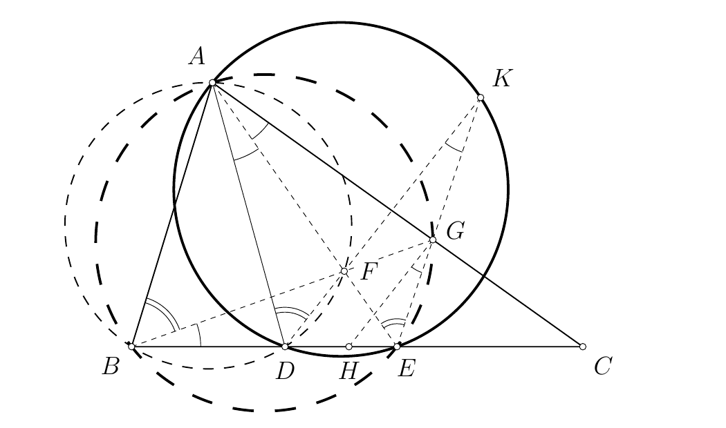 Geometrijska konstrukcija s trokutom ABC, točkama D, E, F, G, H i K te opisanim kružnicama