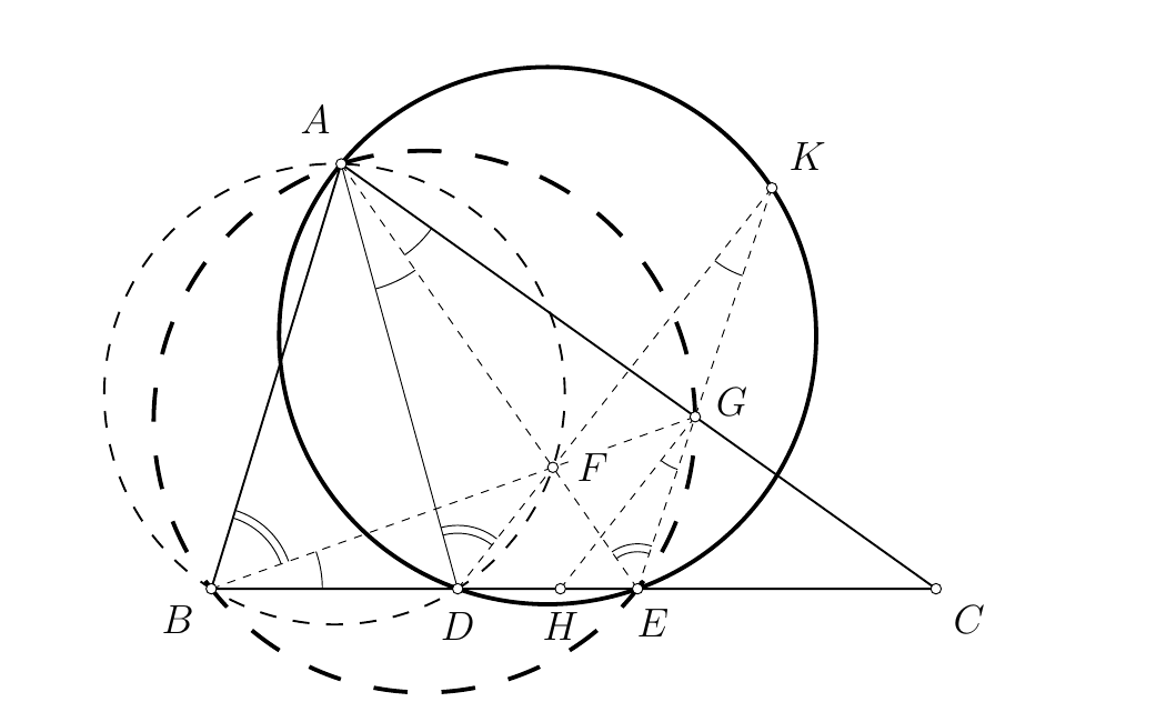 Geometrijska konstrukcija s trokutom ABC, točkama D, E, F, G, H i K te opisanim kružnicama