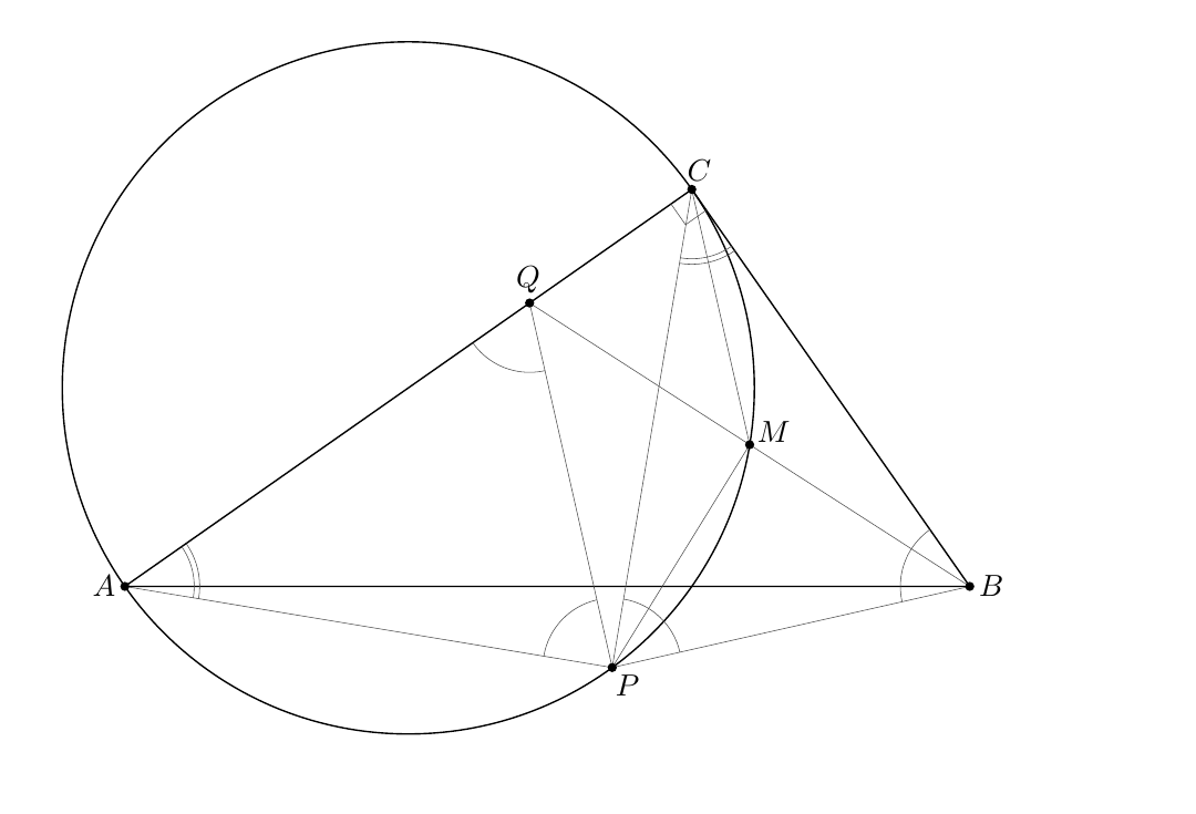 Geometrijska konstrukcija s točkama A, B, C, P, Q i M